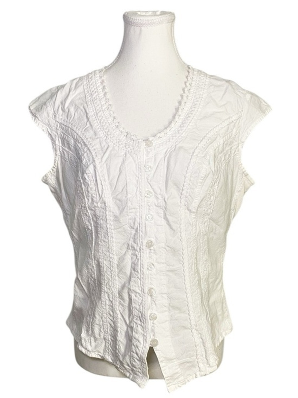 Soft Surroundings White Crinkle Cotton Embroidered Boho Button-Front Top
